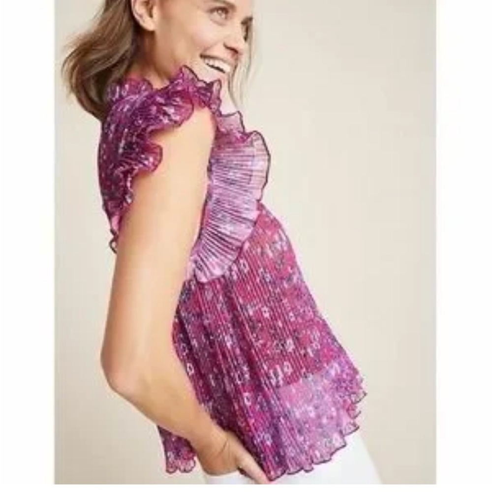 Anthropologie Frida Pleated Short Sleeve Sheer Floral Blouse